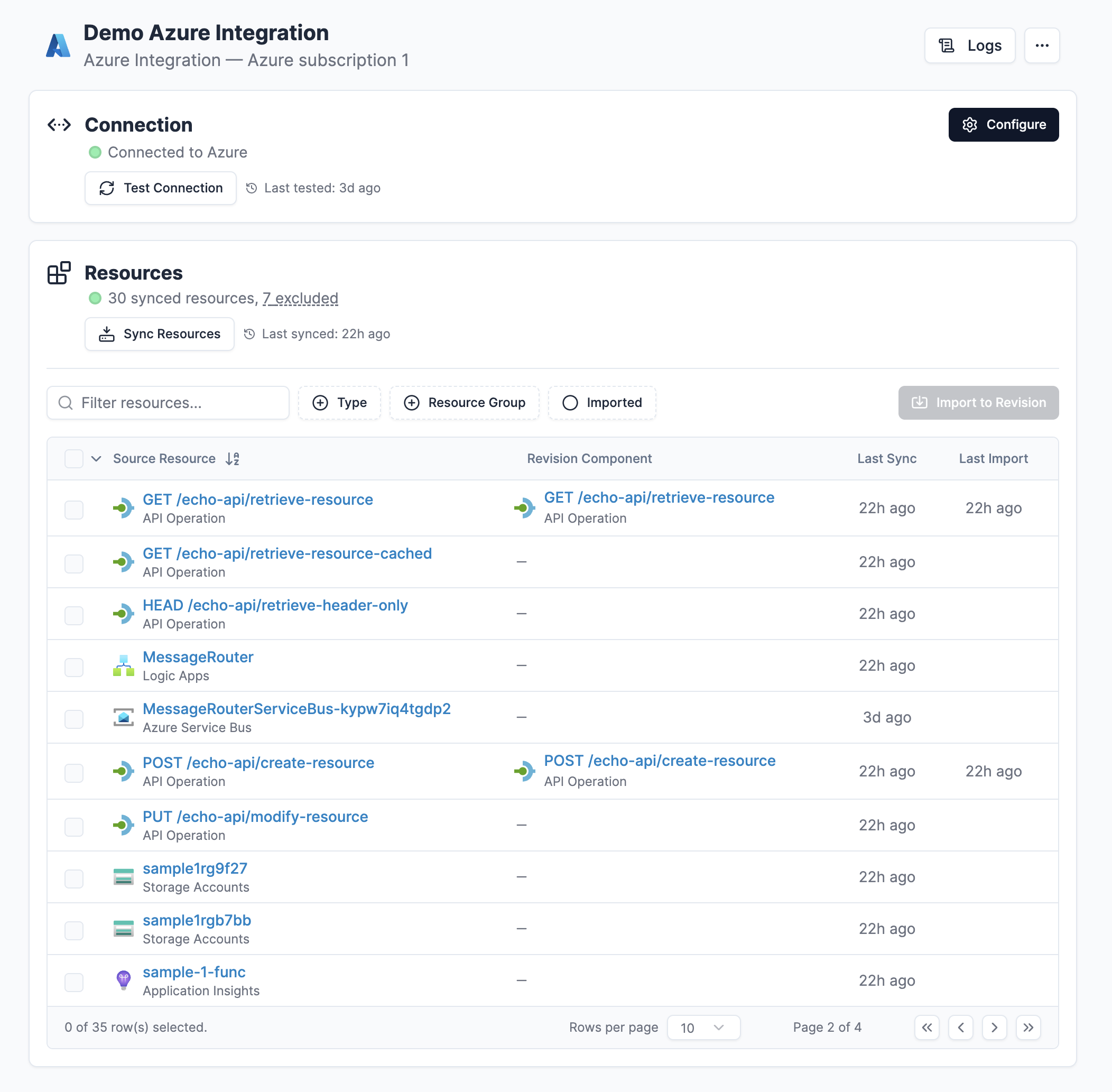 Example of the built-in Azure Revision integration