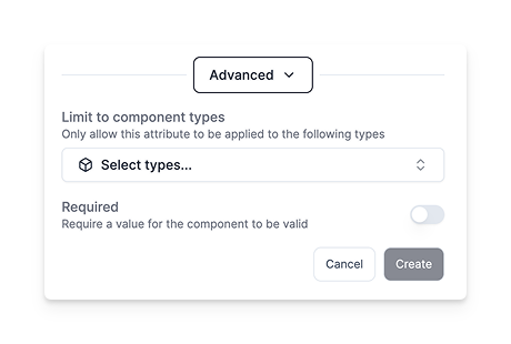 Example of the advanced attribute settings panel, showing a required Owner attribute for application components